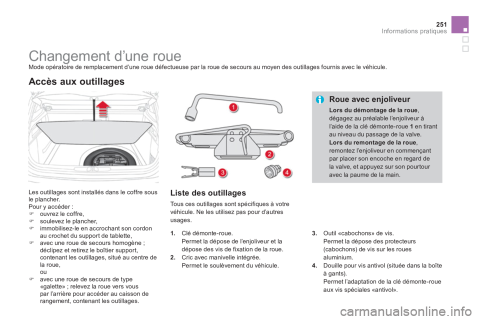 CITROEN DS4 2013  Notices Demploi (in French) 251Informations pratiques
   
 
 
 
 
 
 
 
 
 
 
 
 
 
Changement d’une roue  
Mode opératoire de remplacement d’une roue défectueuse par la roue de secours au moyen des outillages fournis avec