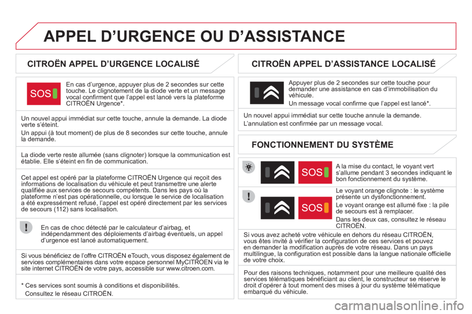 CITROEN DS4 2013 Notices Demploi (in French) APPEL D’URGENCE OU D’ASSISTANCE
CITROËN APPEL D’URGENCE LOCALISÉ
En cas d’urgence, appuyer plus de 2 secondes sur cette
touche. Le clignotement de la diode verte et un mes CITROEN DS4 2013 Notices Demploi (in French) APPEL D’URGENCE OU D’ASSISTANCE
CITROËN APPEL D’URGENCE LOCALISÉ
En cas d’urgence, appuyer plus de 2 secondes sur cette
touche. Le clignotement de la diode verte et un mes
