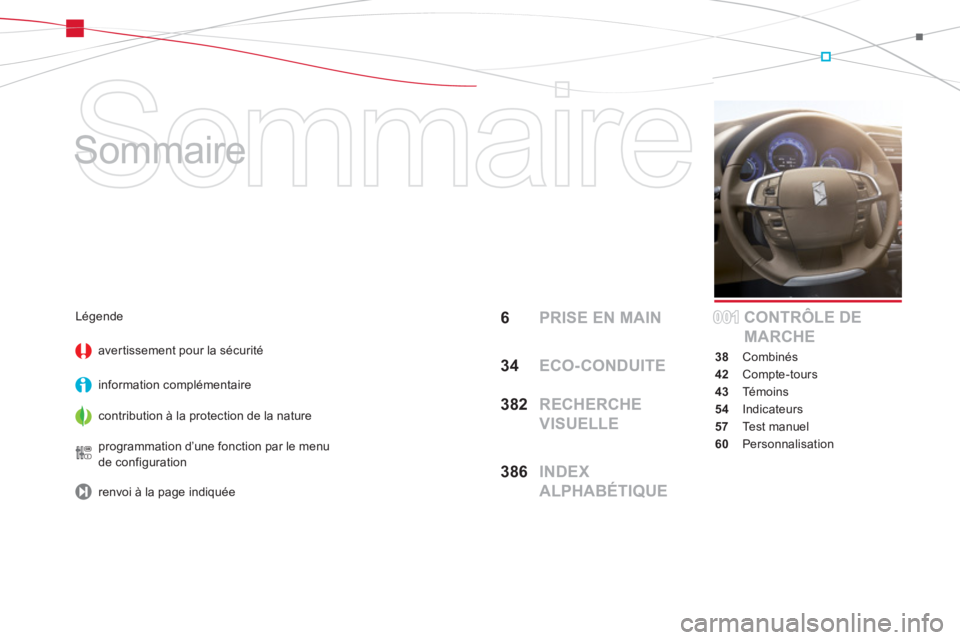 CITROEN DS4 2013  Notices Demploi (in French)   Sommaire 
   
Sommaire  
6  PRISE EN MAIN
34ECO- CONDUITE
3
82  RECHERCHE 
VISUELLE
38
6  INDEX 
ALPHABÉTIQUECONTRÔLE DE 
MARCHE
38 Combinés
42 Compte-tours
43Témoins
54Indicateurs
57 Test manue