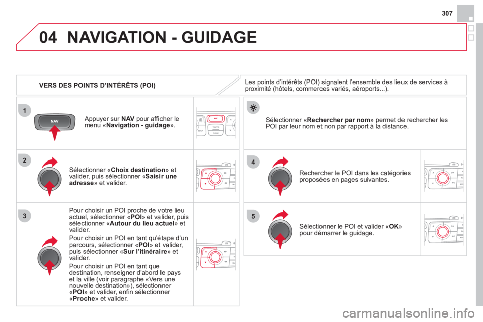 CITROEN DS4 2013 Notices Demploi (in French) 307
04
1
3
4
5
2
VERS DES POINTS D’INTÉRÊTS (POI)
NAVIGATION - GUIDAGE
Les points d’intérêts (POI) signalent l’ensemble des lieux de services àproximité (hôtels, commerces variés, CITROEN DS4 2013 Notices Demploi (in French) 307
04
1
3
4
5
2
VERS DES POINTS D’INTÉRÊTS (POI)
NAVIGATION - GUIDAGE
Les points d’intérêts (POI) signalent l’ensemble des lieux de services àproximité (hôtels, commerces variés,