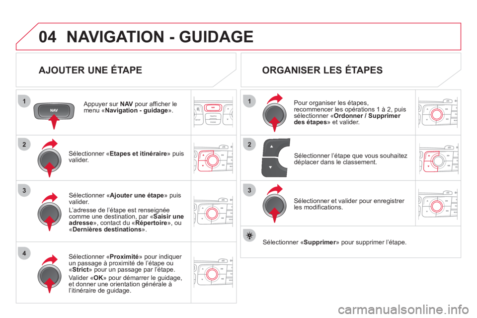 CITROEN DS4 2013 Notices Demploi (in French) 04
1
4
3
1
3
22
NAVIGATION - GUIDAGE
AJOUTER UNE ÉTAPE
Appuyer sur NAV
pour afficher lemenu « Navigation - guidage».
Sélectionner «Etapes et itinéraire» puis
valider.
Sélectionner CITROEN DS4 2013 Notices Demploi (in French) 04
1
4
3
1
3
22
NAVIGATION - GUIDAGE
AJOUTER UNE ÉTAPE
Appuyer sur NAV
pour afficher lemenu « Navigation - guidage».
Sélectionner «Etapes et itinéraire» puis
valider.
Sélectionner