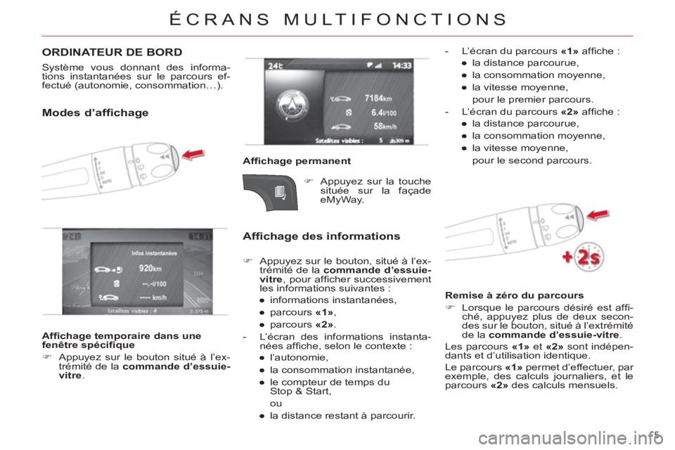 CITROEN DS4 2013  Notices Demploi (in French) ÉCRANS MULTIFONCTIONS
5 
  ORDINATEUR DE BORD
 
 
Système vous donnant des informa-
tions instantanées sur le parcours ef-
fectué (autonomie, consommation…).  
 
 
 
 
 
 
 
 
Modes d’affichag