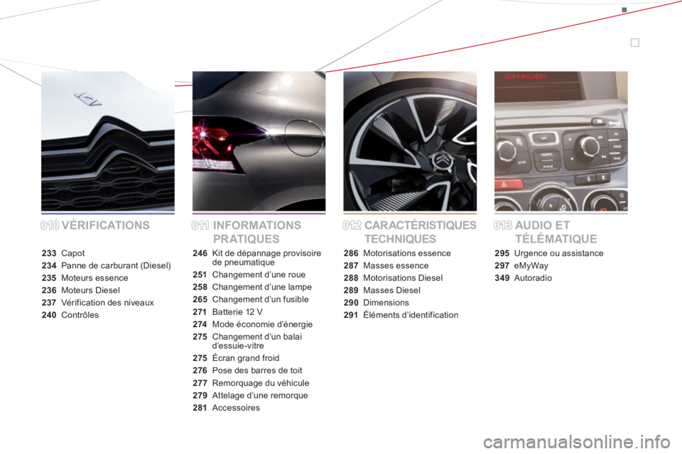 CITROEN DS4 2013  Notices Demploi (in French) VÉRIFICATIONS INFORMATIONS 
PR ATIQUESCAR ACTÉRISTIQUES 
TECHNIQUESAUDIO ET 
TÉLÉMATIQUE
233 Capot
234Panne de carburant (Diesel)
235Moteurs essence
236 Moteurs Diesel
237 Vérification des niveau