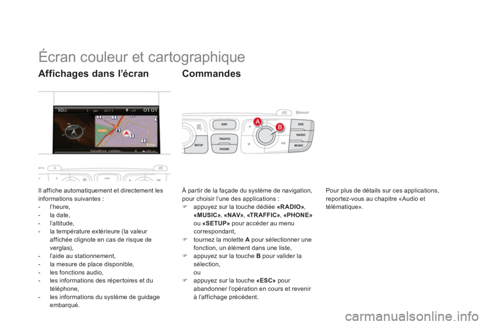 CITROEN DS4 2013  Notices Demploi (in French)    
 
 
 
 
 
 
 
 
 
 
 
 
 
 
 
Écran couleur et cartographique 
Il affiche automatiquement et directement les 
informations suivantes : 
-  l’heure, 
-  la date,
-  l’altitude,
-   la tempéra