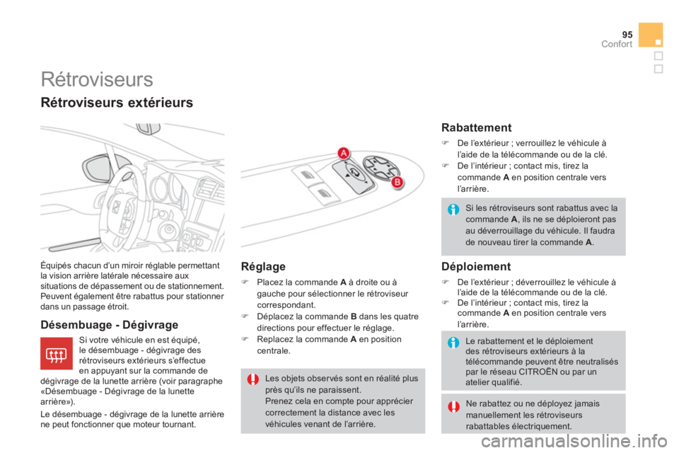CITROEN DS4 2013  Notices Demploi (in French) 95
Confort
   
 
 
 
Rétroviseurs 
Équipés chacun d’un miroir réglable permettant 
la vision arrière latérale nécessaire aux situations de dépassement ou de stationnement.
Peuvent également