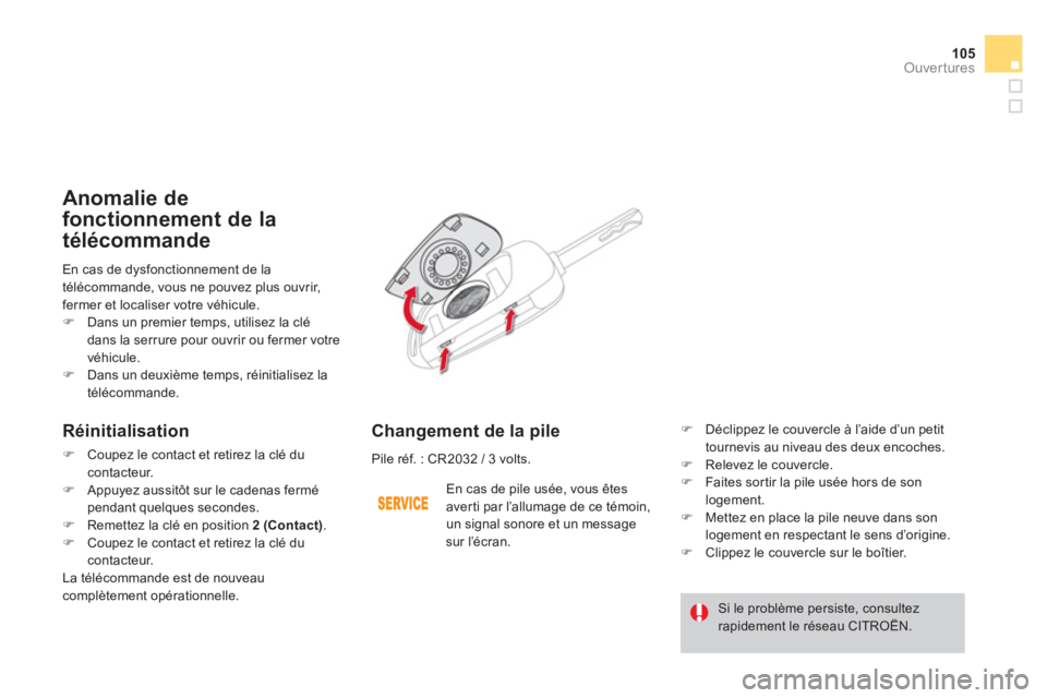 CITROEN DS4 2011  Notices Demploi (in French) 105
Ouvertures
  En cas de dysfonctionnement de la
télécommande, vous ne pouvez plus ouvrir,
fermer et localiser votre véhicule.�)Dans un premier temps, utilisez la clé 
dans la serrure pour ouvri