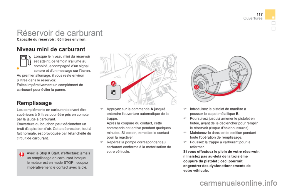 CITROEN DS4 2011  Notices Demploi (in French) 11 7Ouvertures
   
 
 
 
 
 
 
 
 
 
 
 
 
 
 
 
 
 
 
 
Réservoir de carburant Capacité du réser voir : 60 litres environ.
 
 Niveau mini de carburant
   
Remplissa
ge
 
Les compléments en carbur