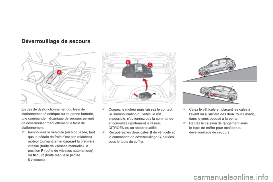 CITROEN DS4 2011  Notices Demploi (in French) En cas de dysfonctionnement du frein de stationnement électrique ou de panne batterie, 
une commande mécanique de secours permetde déverrouiller manuellement le frein de stationnement. �)Immobilise