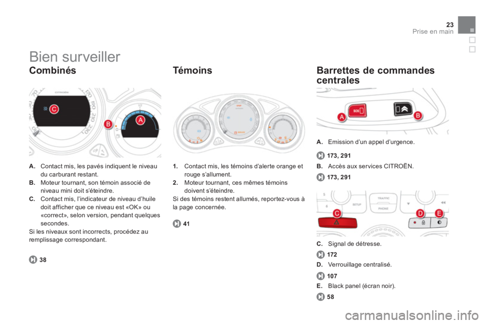 CITROEN DS4 2011  Notices Demploi (in French) 23Prise en main
  Bien surveiller 
A.Contact mis, les pavés indiquent le niveau du carburant restant. B.Moteur tournant, son témoin associé de niveau mini doit s’éteindre.C.Contact mis, l’indi