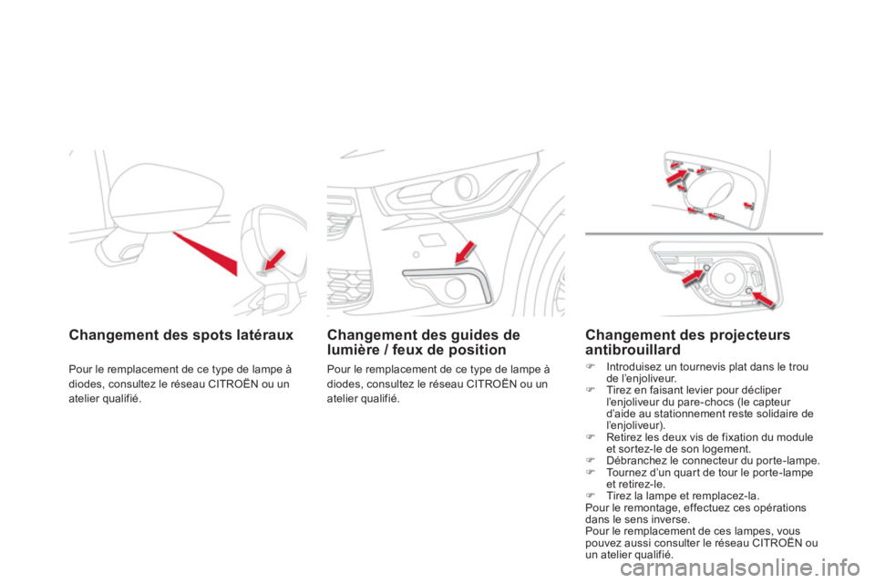 CITROEN DS4 2011  Notices Demploi (in French) Changement des spots latéraux  
Pour le remplacement de ce type de lampe à
diodes, consultez le réseau CITROËN ou unatelier qualifié.  
 
 
 
Changement des guides de 
lumière / feux de position