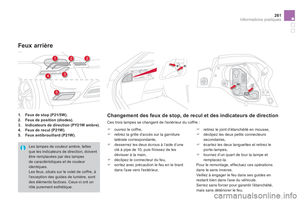 CITROEN DS4 2011  Notices Demploi (in French) 261Informations pratiques
1.Feux de stop (P21/5W).2.Feux de position (diodes).3.Indicateurs de direction (PY21W ambre).4.Feux de recul (P21W).5.    Feux antibrouillard (P21W).
Feux arrière 
  Les lam