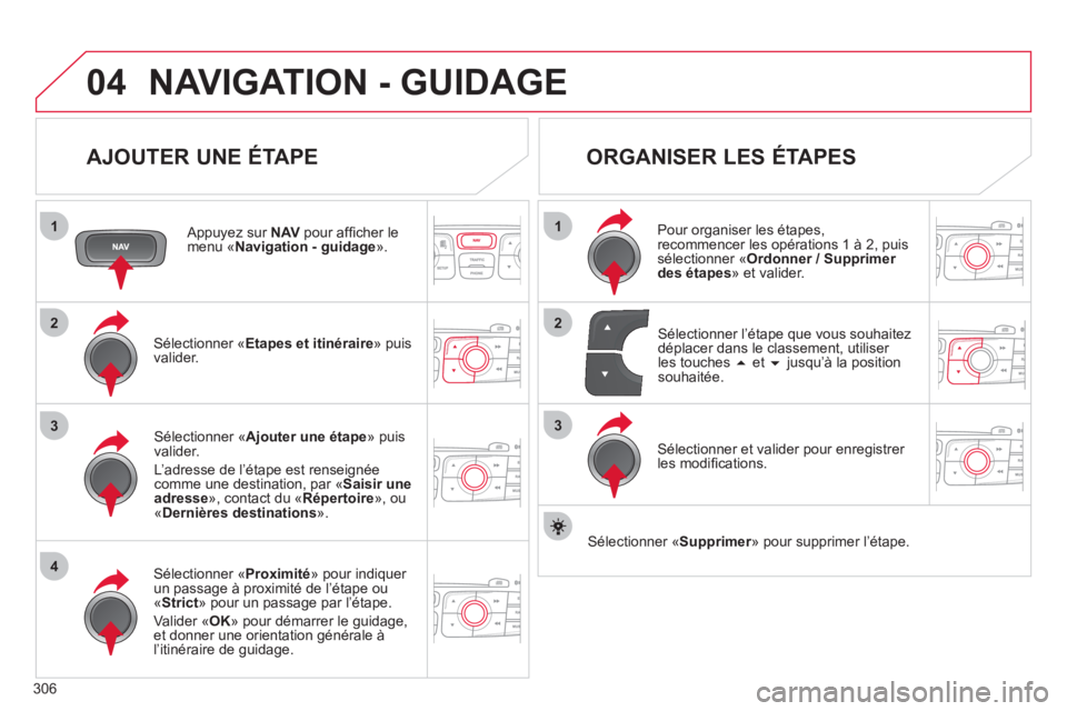CITROEN DS4 2011 Notices Demploi (in French) 306
04
1
4
3
1
3
22
NAVIGATION - GUIDAGE
AJOUTER UNE ÉTAPE
Appuyez sur NAVpour affi cher le menu « Navigation - guidage».
Sélectionner «Etapes et itinéraire» puis
valider.
Sélectionn CITROEN DS4 2011 Notices Demploi (in French) 306
04
1
4
3
1
3
22
NAVIGATION - GUIDAGE
AJOUTER UNE ÉTAPE
Appuyez sur NAVpour affi cher le menu « Navigation - guidage».
Sélectionner «Etapes et itinéraire» puis
valider.
Sélectionn