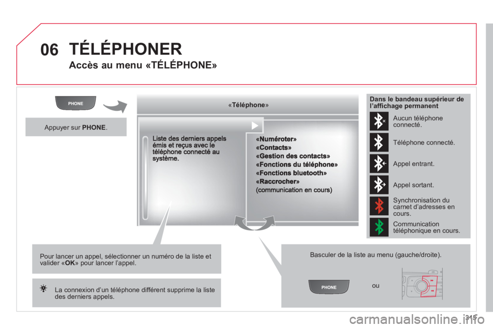 CITROEN DS4 2011 Notices Demploi (in French) 315
06 TÉLÉPHONER
Accès au menu «TÉLÉPHONE»
«««««««««««ppppéépoeTéléphoneTéléphoneTéléphoneTéléphoneTéléphoneTéléphoneTéléphoneTéléphoneTéléphoneTéléphon CITROEN DS4 2011 Notices Demploi (in French) 315
06 TÉLÉPHONER
Accès au menu «TÉLÉPHONE»
«««««««««««ppppéépoeTéléphoneTéléphoneTéléphoneTéléphoneTéléphoneTéléphoneTéléphoneTéléphoneTéléphoneTéléphon