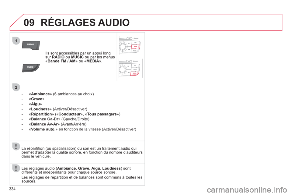 CITROEN DS4 2011 Notices Demploi (in French) 334
09
1
2
RÉGLAGES AUDIO
Ils sont accessibles par un appui longsur RADIOou MUSIC
ou par les menus «Bande FM / AM
» ou « MEDIA».
-
«Ambiance » (6 ambiances au choix)
-«Grave»
-«Aigu»
- CITROEN DS4 2011 Notices Demploi (in French) 334
09
1
2
RÉGLAGES AUDIO
Ils sont accessibles par un appui longsur RADIOou MUSIC
ou par les menus «Bande FM / AM
» ou « MEDIA».
-
«Ambiance » (6 ambiances au choix)
-«Grave»
-«Aigu»
-