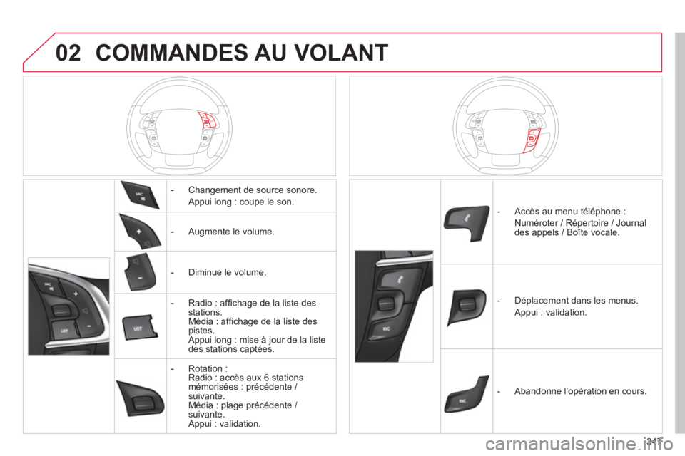 CITROEN DS4 2011 Notices Demploi (in French) 02
347
COMMANDES AU VOLANT
- Changement de source sonore.
Appui lon
g : coupe le son.
- Au
gmente le volume.
- Dimin
ue le volume.
- Radio : affi cha
ge de la liste CITROEN DS4 2011 Notices Demploi (in French) 02
347
COMMANDES AU VOLANT
- Changement de source sonore.
Appui lon
g : coupe le son.
- Au
gmente le volume.
- Dimin
ue le volume.
- Radio : affi cha
ge de la liste