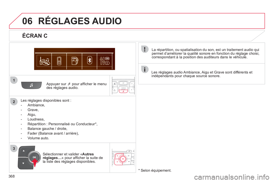 CITROEN DS4 2011  Notices Demploi (in French) 368
1
2
06
3   
Appuyer sur  �‘pour afﬁ cher le menu 
des rÈglages audio.  
   
Les rÈ
glages disponibles sont :
   
 
-  
Ambiance,
 
 
-  Grave,
 
 
-  Aigu, 
   
-  Loudness, 
   
-   RÈpart