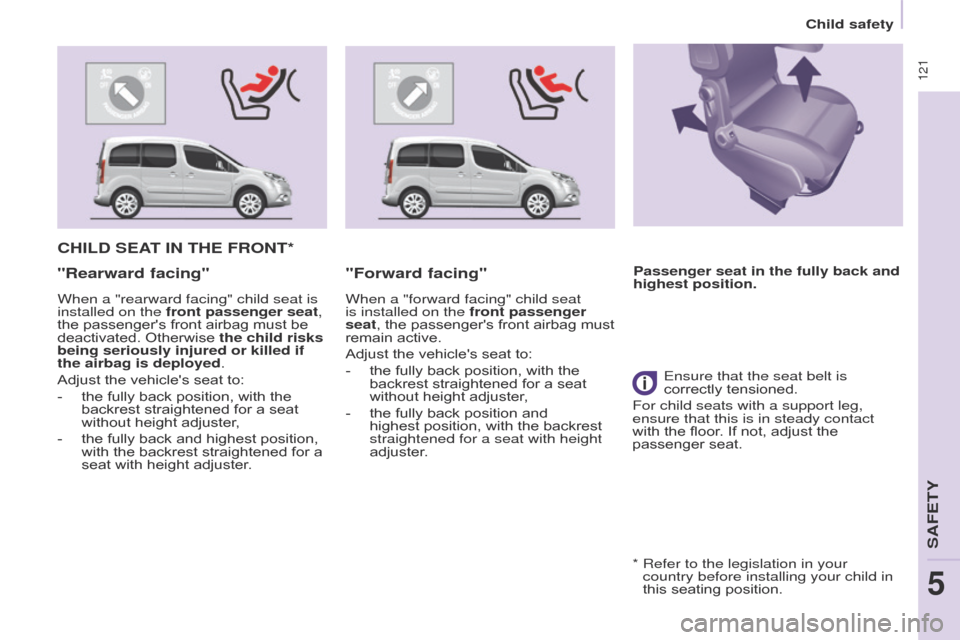 Citroen BERLINGO MULTISPACE RHD 2014.5 2.G Owners Manual 121
Berlingo_2_VP_en_Chap05_Securite_ed02-2014
cHILd SEAt I n t HE F r O nt*
" r earward facing"
When a "rearward facing" child seat is
installed on the front passenger seat,
the
passengers Citroen BERLINGO MULTISPACE RHD 2014.5 2.G Owners Manual 121
Berlingo_2_VP_en_Chap05_Securite_ed02-2014
cHILd SEAt I n t HE F r O nt*
" r earward facing"
When a "rearward facing" child seat is
installed on the front passenger seat,
the
passengers