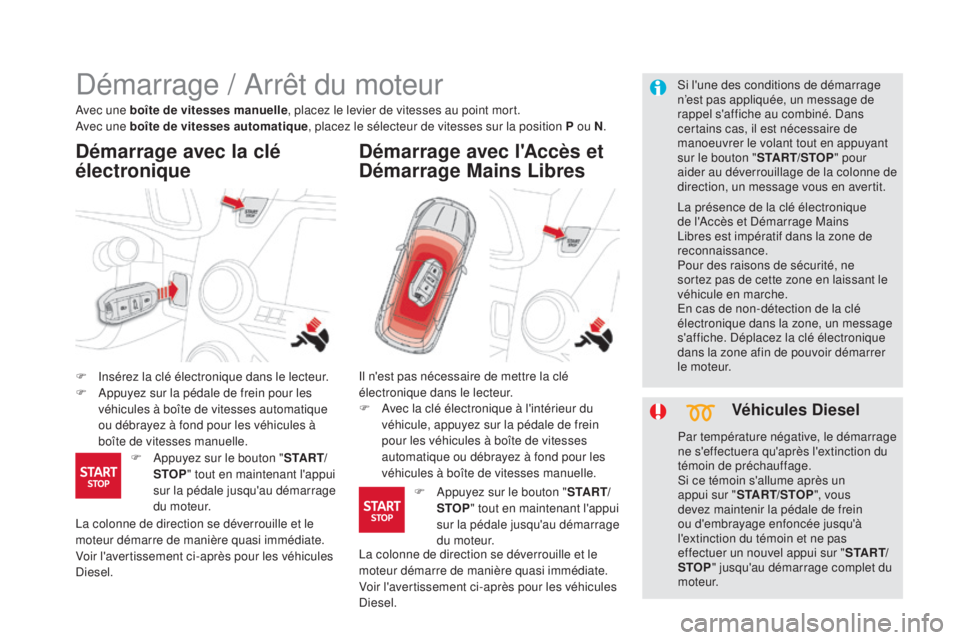 CITROEN DS5 2016  Notices Demploi (in French) Démarrage / Arrêt du moteur
F Insérez la clé électronique dans le lecteur.
F Ap puyez sur la pédale de frein pour les 
véhicules à boîte de vitesses automatique 
ou débrayez à fond pour les