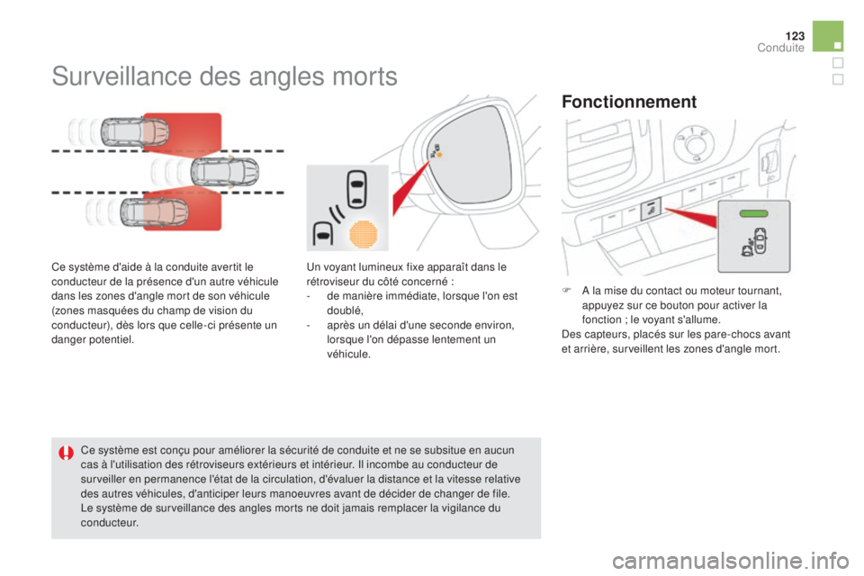 CITROEN DS5 2016 Notices Demploi (in French) 123
Surveillance des angles morts
Ce système d'aide à la conduite avertit le
conducteur de la présence d'un autre véhicule
dans les zones d'angle mort de son véhicule
(zones masqu CITROEN DS5 2016 Notices Demploi (in French) 123
Surveillance des angles morts
Ce système d'aide à la conduite avertit le
conducteur de la présence d'un autre véhicule
dans les zones d'angle mort de son véhicule
(zones masqu