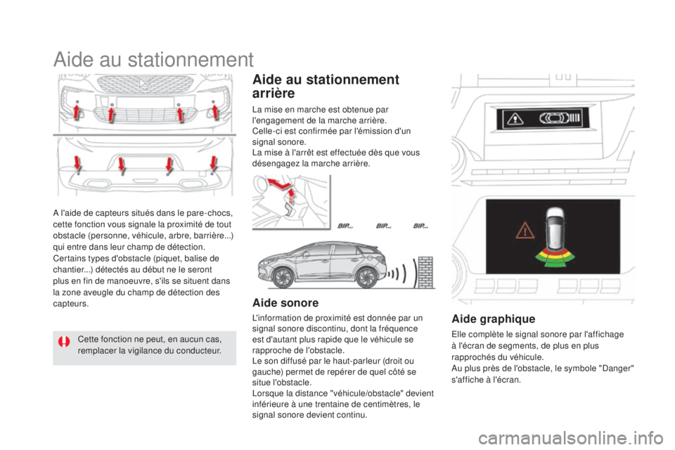 CITROEN DS5 2016 Notices Demploi (in French) A l'aide de capteurs situés dans le pare-chocs,
cette fonction vous signale la proximité de tout
obstacle (personne, véhicule, arbre, barrière...)
qui entre dans leur champ de détection.
C CITROEN DS5 2016 Notices Demploi (in French) A l'aide de capteurs situés dans le pare-chocs,
cette fonction vous signale la proximité de tout
obstacle (personne, véhicule, arbre, barrière...)
qui entre dans leur champ de détection.
C
