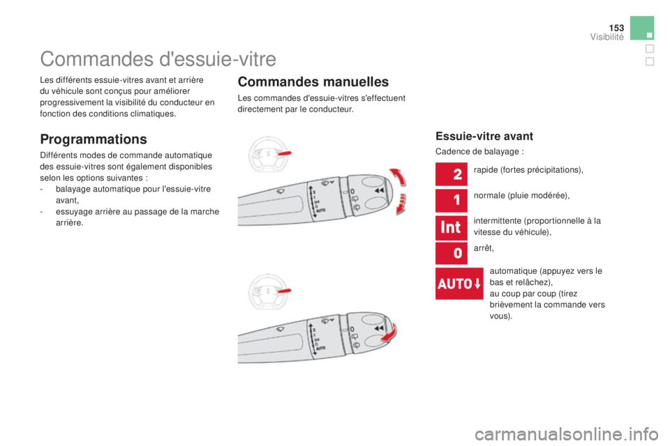 CITROEN DS5 2016 Notices Demploi (in French) 153
Commandes d'essuie-vitre
Programmations
Différents modes de commande automatique
des essuie-vitres sont également disponibles
selon les options suivantes :
-
ba
layage automatique pour l& CITROEN DS5 2016 Notices Demploi (in French) 153
Commandes d'essuie-vitre
Programmations
Différents modes de commande automatique
des essuie-vitres sont également disponibles
selon les options suivantes :
-
ba
layage automatique pour l&