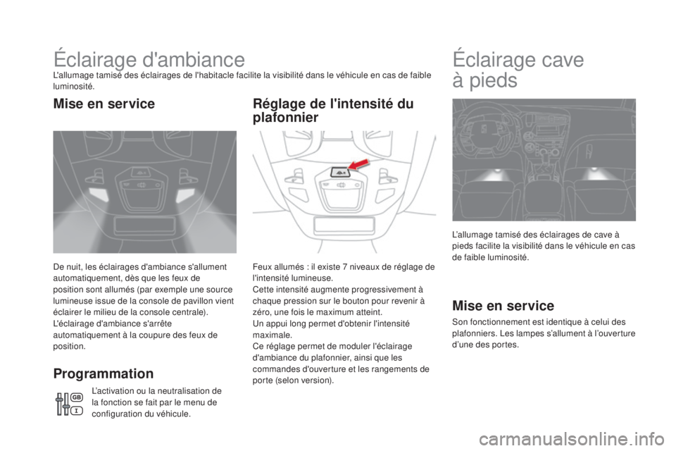 CITROEN DS5 2016 Notices Demploi (in French) Éclairage d'ambianceL'allumage tamisé des éclairages de l'habitacle facilite la visibilité dans le véhicule en cas de faible
luminosité.
De nuit, les éclairages d'ambiance s CITROEN DS5 2016 Notices Demploi (in French) Éclairage d'ambianceL'allumage tamisé des éclairages de l'habitacle facilite la visibilité dans le véhicule en cas de faible
luminosité.
De nuit, les éclairages d'ambiance s