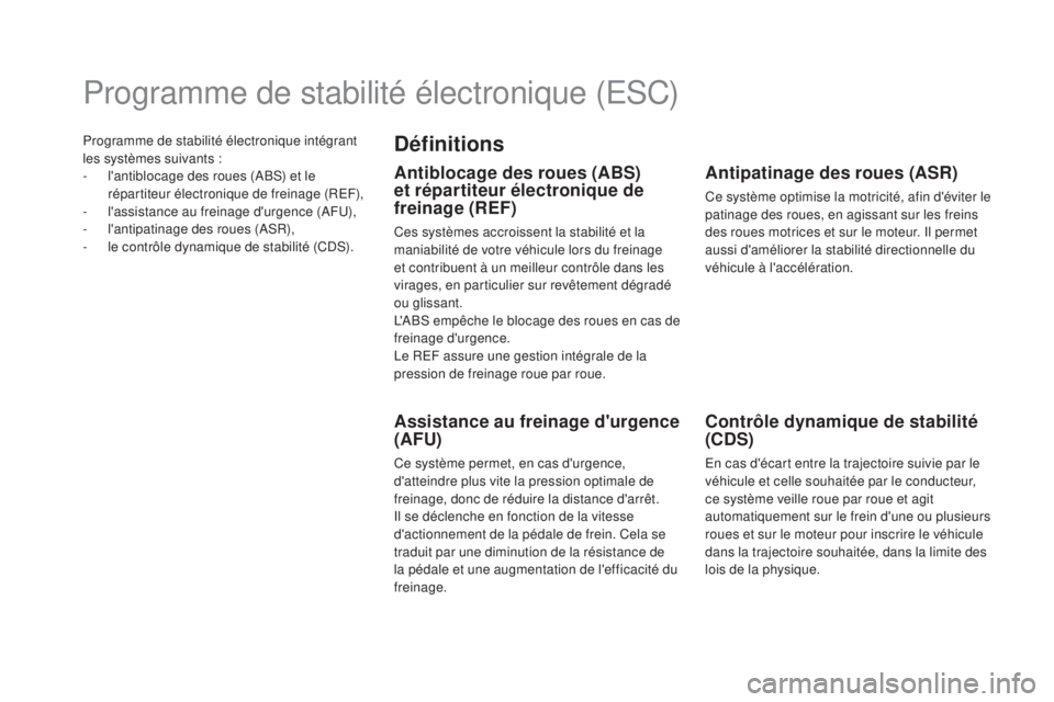 CITROEN DS5 2016 Notices Demploi (in French) Programme de stabilité électronique intégrant
les systèmes suivants :
-
l'
antiblocage des roues (ABS) et le
répartiteur électronique de freinage (REF),
-
l'
assistance au freinage CITROEN DS5 2016 Notices Demploi (in French) Programme de stabilité électronique intégrant
les systèmes suivants :
-
l'
antiblocage des roues (ABS) et le
répartiteur électronique de freinage (REF),
-
l'
assistance au freinage