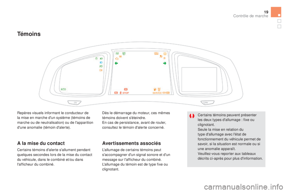 CITROEN DS5 2016 Notices Demploi (in French) 19
Témoins
Dès le démarrage du moteur, ces mêmes
témoins doivent s'éteindre.
En cas de persistance, avant de rouler,
consultez le témoin d'alerte concerné.
Avertissements associés
L CITROEN DS5 2016 Notices Demploi (in French) 19
Témoins
Dès le démarrage du moteur, ces mêmes
témoins doivent s'éteindre.
En cas de persistance, avant de rouler,
consultez le témoin d'alerte concerné.
Avertissements associés
L