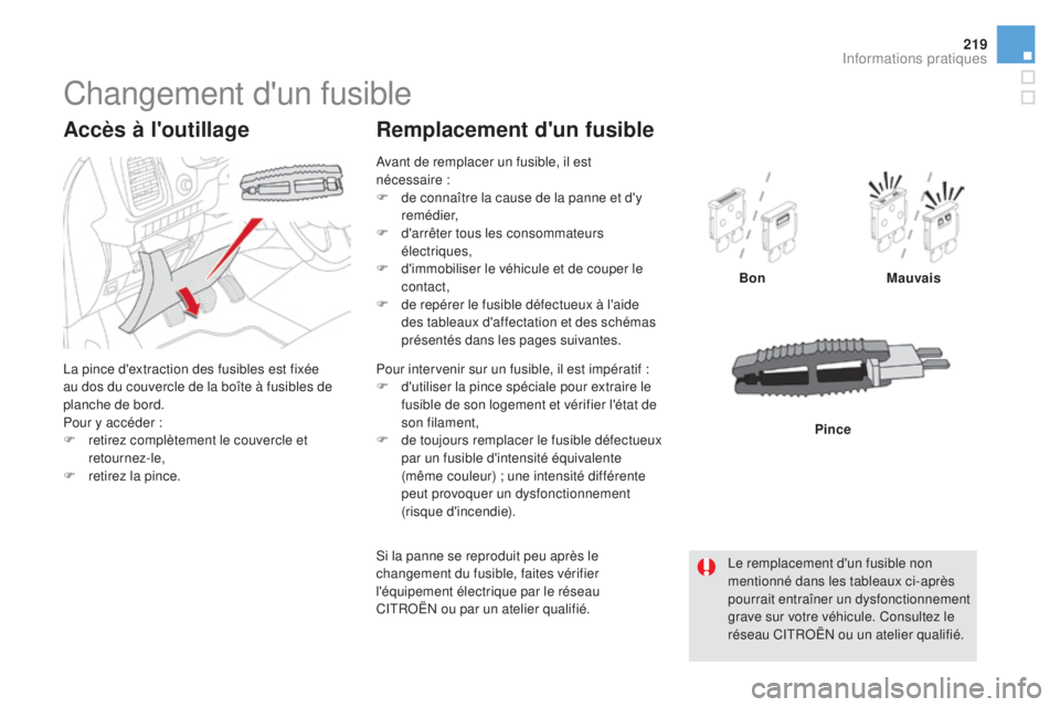 CITROEN DS5 2016 Notices Demploi (in French) 219
Changement d'un fusible
La pince d'extraction des fusibles est fixée
au dos du couvercle de la boîte à fusibles de
planche de bord.
Pour y accéder :
F
re
tirez complètement le couv CITROEN DS5 2016 Notices Demploi (in French) 219
Changement d'un fusible
La pince d'extraction des fusibles est fixée
au dos du couvercle de la boîte à fusibles de
planche de bord.
Pour y accéder :
F
re
tirez complètement le couv