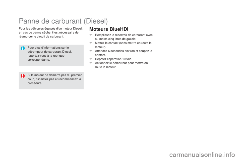 CITROEN DS5 2016  Notices Demploi (in French) Pour les véhicules équipés d'un moteur Diesel, 
en cas de panne sèche, il est nécessaire de 
réamorcer le circuit de carburant.
Panne de carburant (Diesel)
Pour plus d'informations sur l