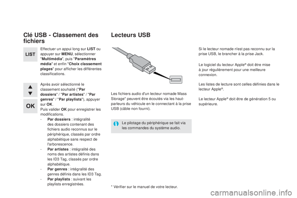 CITROEN DS5 2016  Notices Demploi (in French) Clé uSB - Classement des 
f ichiers
Effectuer un appui long sur LiST  ou 
a ppuyer sur MENu, s électionner 
" Multimédia ", puis "Paramètres 
média " et enfin " Choix classeme