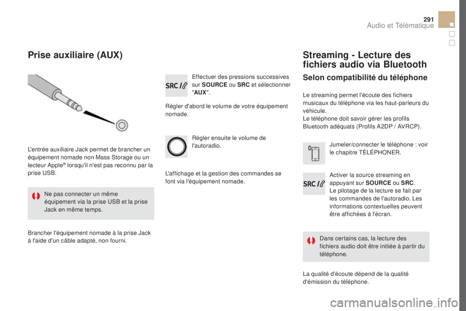 CITROEN DS5 2016  Notices Demploi (in French) 291
Effectuer des pressions successives 
sur SOuRCE o
u SRC et sélectionner 
" A
uX ".
Ré

gler d'abord le volume de votre équipement 
nomade.
Régler ensuite le volume de 
l'autora