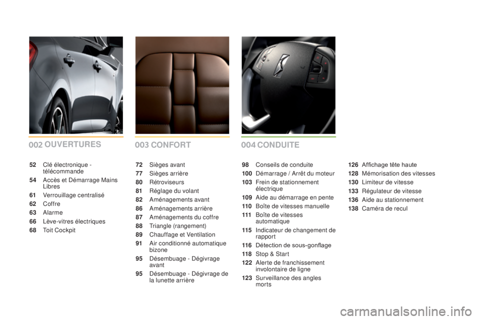 CITROEN DS5 2016  Notices Demploi (in French) 002003004CONFORT
OuVER
TuRE
S
CONduiTE
72 Sièges avant
77
 Siè
 ges arrière
80
 R

étroviseurs
81
 Ré

glage du volant
82
 Am

énagements avant
86
 Am

énagements arrière
87
 Am

énagements d