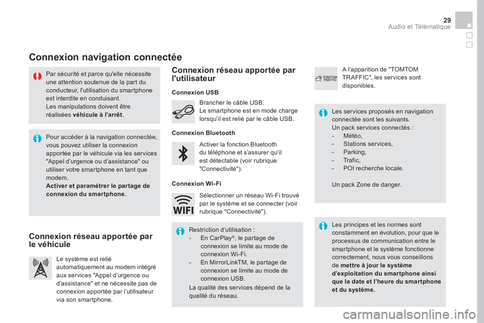 CITROEN DS5 2016  Notices Demploi (in French) 29  Audio et Télématique 
 
 
Par sécurité et parce quelle nécessite 
une attention soutenue de la part du 
conducteur, lutilisation du smartphone 
est interdite en conduisant. 
  Les manipulat