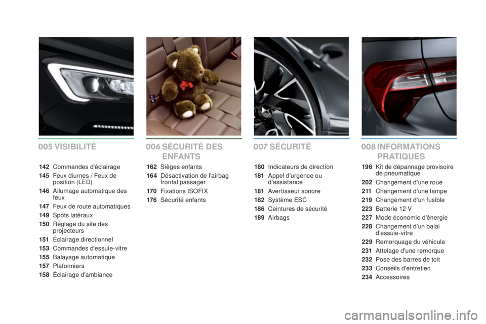 CITROEN DS5 2016  Notices Demploi (in French) 005006007008SÉCuRiTÉiNF ORMATiON S 
P R AT
iQuE S
S

ÉCuRiTÉ
 dES 
ENFA
NTS
ViSiBiLiTÉ
142 Commandes d'éclairage
14 5
 Fe
 ux diurnes / Feux de 
position (LED)
14 6
 Al

lumage automatique d