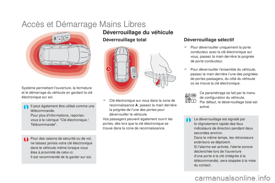 CITROEN DS5 2016  Notices Demploi (in French) déverrouillage du véhicule
Accès et Démarrage Mains Libres
Système permettant l'ouverture, la fermeture 
et le démarrage du véhicule en gardant la clé 
électronique sur soi.
déverrouilla