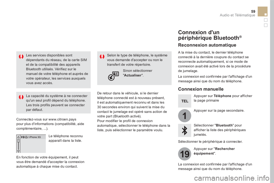 CITROEN DS5 2016 Notices Demploi (in French) 1
19
59 Audio et Télématique
Les services disponibles sont
dépendants du réseau, de la carte SIM
et de la compatibilité des appareils
Bluetooth utilisés. Vérifiez sur le
manuel de vot CITROEN DS5 2016 Notices Demploi (in French) 1
19
59 Audio et Télématique
Les services disponibles sont
dépendants du réseau, de la carte SIM
et de la compatibilité des appareils
Bluetooth utilisés. Vérifiez sur le
manuel de vot