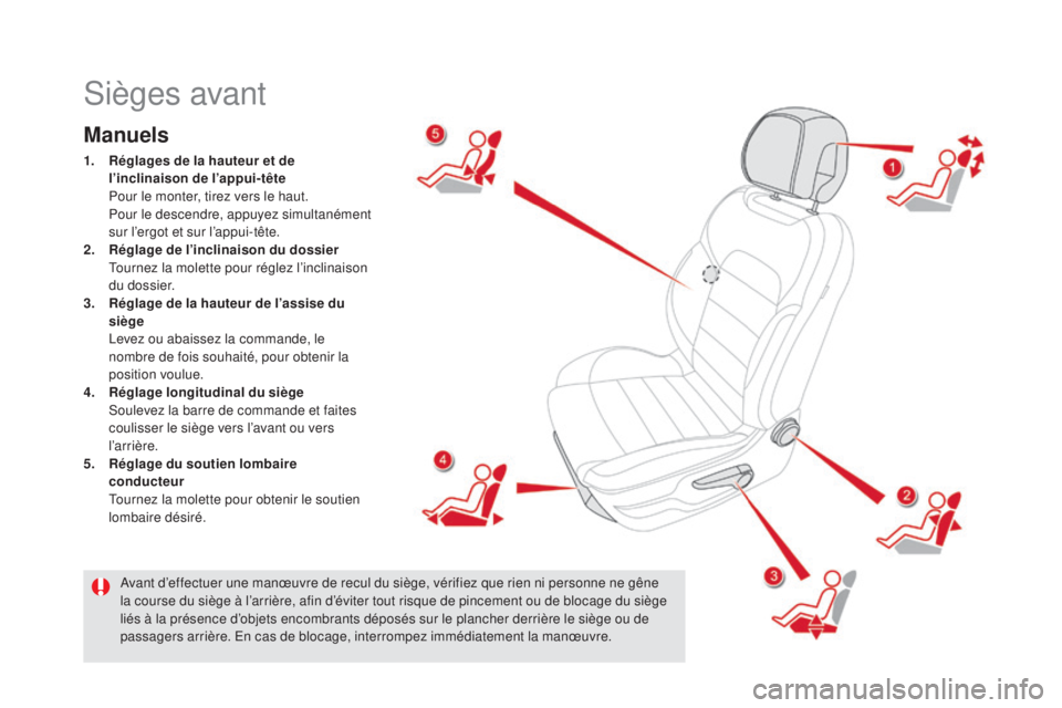 CITROEN DS5 2016  Notices Demploi (in French) Sièges avant
Manuels
1. Réglages de la hauteur et de 
l’inclinaison de l’appui-tête  
 Po

ur le monter, tirez vers le haut.
 Po

ur le descendre, appuyez simultanément 
sur l’ergot et sur l