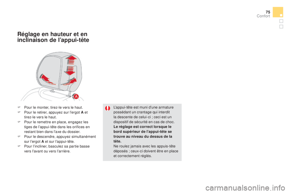 CITROEN DS5 2016  Notices Demploi (in French) 75
L’appui-tête est muni d’une armature 
possédant un crantage qui interdit 
la descente de celui-ci ; ceci est un 
dispositif de sécurité en cas de choc.
Le réglage est correct lorsque le 
b