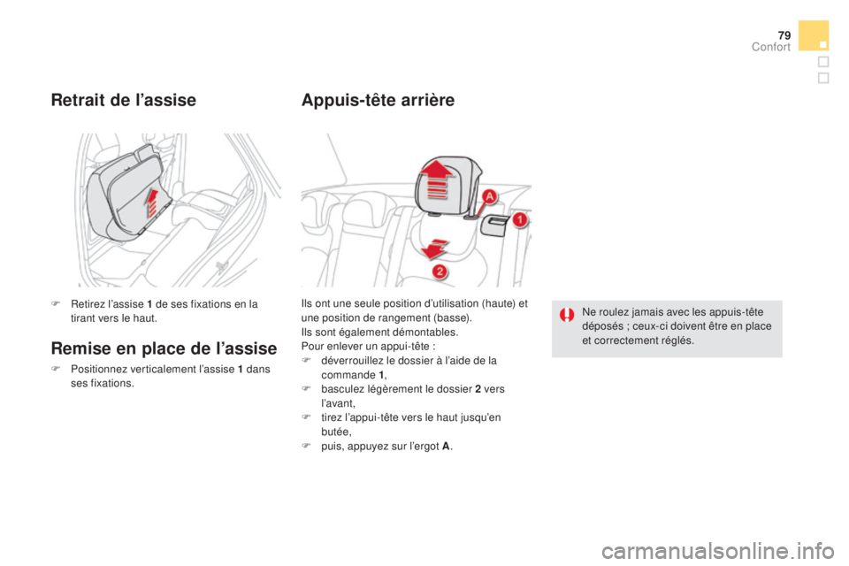 CITROEN DS5 2016  Notices Demploi (in French) 79
Ils ont une seule position d’utilisation (haute) et 
une position de rangement (basse).
Ils sont également démontables.
Pour enlever un appui-tête :
F
 dé
verrouillez le dossier à l’aide d
