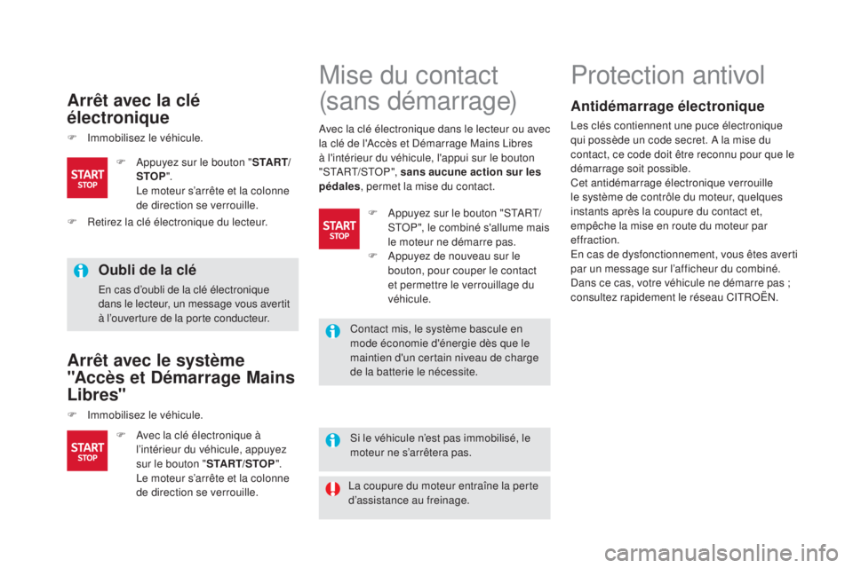 CITROEN DS5 2015 Notices Demploi (in French) arrêt avec la clé
électronique
F Immobilisez le véhicule.
oubli de la clé
En cas d’oubli de la clé électronique
dans le lecteur, un message vous avertit
à l’ouverture de la porte conduc CITROEN DS5 2015 Notices Demploi (in French) arrêt avec la clé
électronique
F Immobilisez le véhicule.
oubli de la clé
En cas d’oubli de la clé électronique
dans le lecteur, un message vous avertit
à l’ouverture de la porte conduc