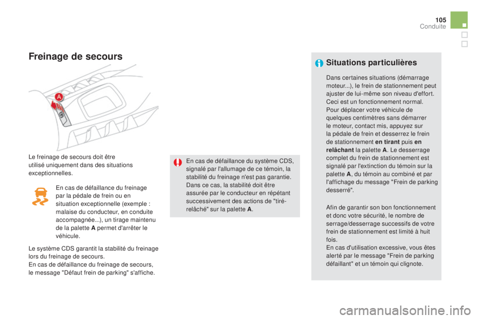 CITROEN DS5 2015  Notices Demploi (in French) 105
freinage de secours
Le freinage de secours doit être 
utilisé uniquement dans des situations 
exceptionnelles.En cas de défaillance du système CDS, 
signalé par l'allumage de ce témoin,  CITROEN DS5 2015  Notices Demploi (in French) 105
freinage de secours
Le freinage de secours doit être 
utilisé uniquement dans des situations 
exceptionnelles.En cas de défaillance du système CDS, 
signalé par l'allumage de ce témoin,