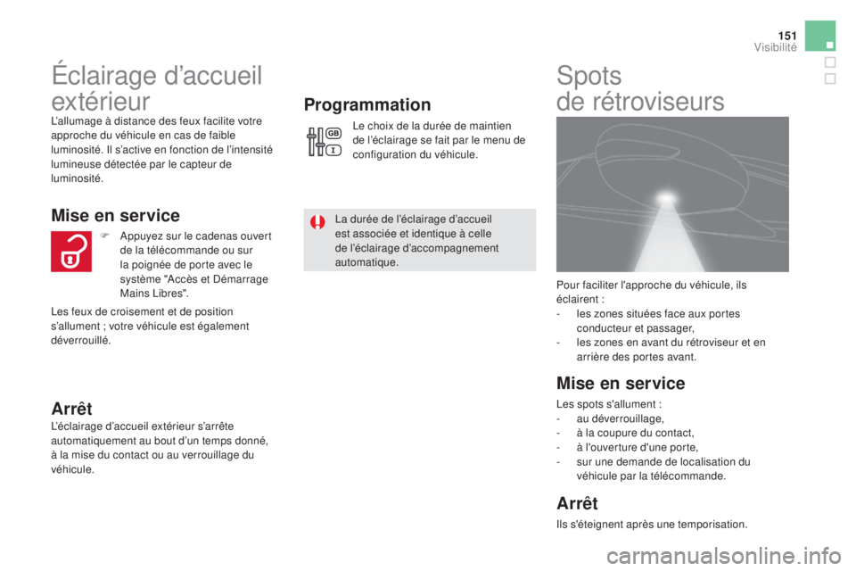 CITROEN DS5 2015  Notices Demploi (in French) 151
Éclairage d’accueil 
extérieur
L’allumage à distance des feux facilite votre 
approche du véhicule en cas de faible 
luminosité. Il s’active en fonction de l’intensité 
lumineuse dé CITROEN DS5 2015  Notices Demploi (in French) 151
Éclairage d’accueil 
extérieur
L’allumage à distance des feux facilite votre 
approche du véhicule en cas de faible 
luminosité. Il s’active en fonction de l’intensité 
lumineuse dé
