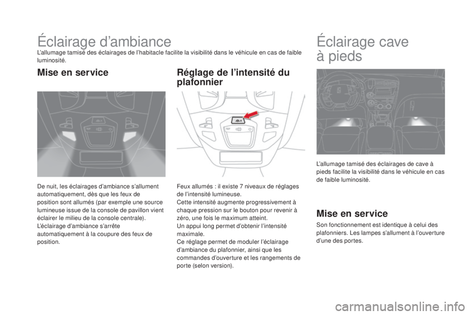 CITROEN DS5 2015  Notices Demploi (in French) Éclairage d’ambianceL’allumage tamisé des éclairages de l’habitacle facilite la visibilité dans le véhicule en cas de faible 
luminosité.
De nuit, les éclairages d’ambiance s’allument CITROEN DS5 2015  Notices Demploi (in French) Éclairage d’ambianceL’allumage tamisé des éclairages de l’habitacle facilite la visibilité dans le véhicule en cas de faible 
luminosité.
De nuit, les éclairages d’ambiance s’allument