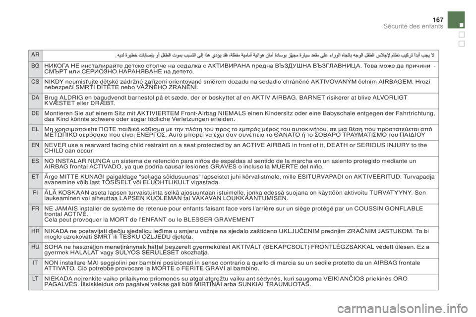 CITROEN DS5 2015  Notices Demploi (in French) AR
BG
НИКОГА НЕ инсталирайте детско столче на седалка с АКТИВИРАНА предна ВЪЗДУШНА ВЪЗГЛАВНИЦ А. Това може да п�