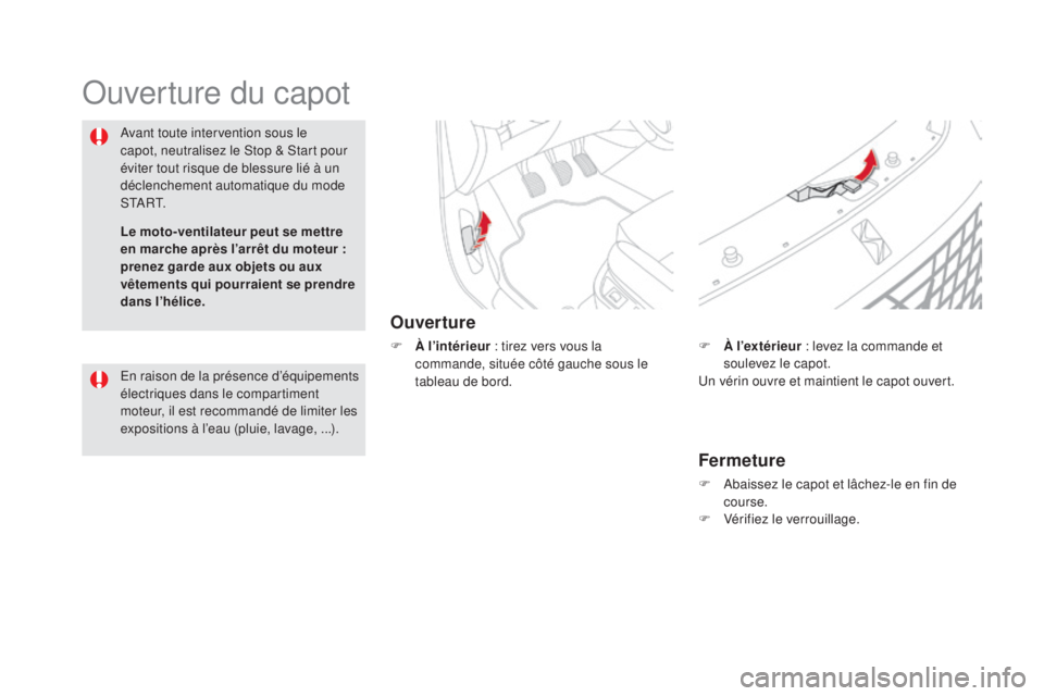 CITROEN DS5 2015  Notices Demploi (in French) Ouverture du capot
ouverture
F À l’intérieur : tirez vers vous la 
commande, située côté gauche sous le 
tableau de bord.
Avant toute intervention sous le 
capot, neutralisez le Stop & Start po