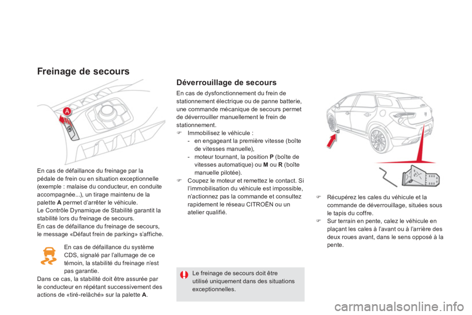 CITROEN DS5 2013  Notices Demploi (in French) Freinage de secours
En cas de défaillance du freinage par la pédale de frein ou en situation exceptionnelle(exemple : malaise du conducteur, en conduiteaccompagnée...), un tirage maintenu de lapale