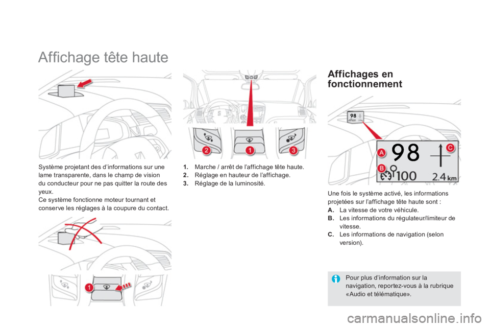 CITROEN DS5 2013  Notices Demploi (in French)    
 
 
 
 
Afﬁ chage tête haute 
Système projetant des d’informations sur une
lame transparente, dans le champ de vision 
du conducteur pour ne pas quitter la route des 
yeux. Ce système fonct