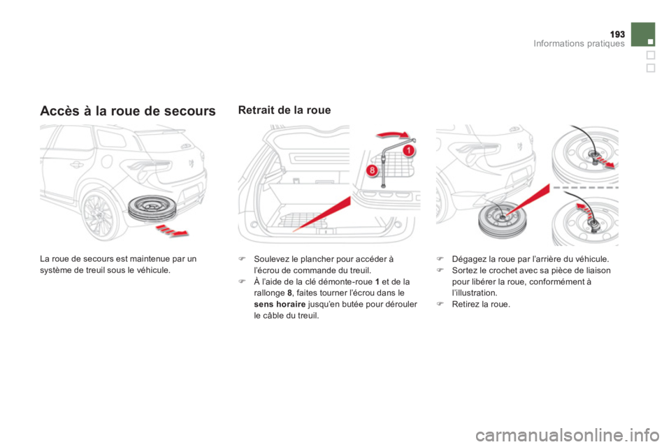 CITROEN DS5 2013  Notices Demploi (in French) Informations pratiques
   
Accès à la roue de secours
 
La roue de secours est maintenue par unsystème de treuil sous le véhicule. 
Retrait de la roue 
�) 
 Soulevez le plancher pour accéder à l