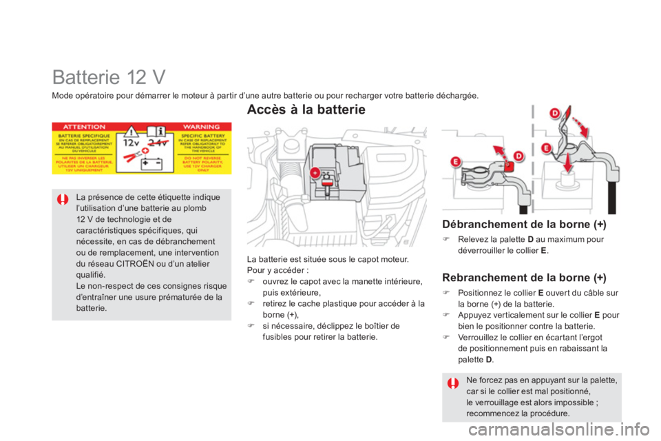 CITROEN DS5 2013  Notices Demploi (in French)    
 
 
 
Batterie 12 V 
La présence de cette étiquette indique l’utilisation d’une batterie au plomb 12 V de technologie et de caractéristiques spécifiques, quinécessite, en cas de débranch